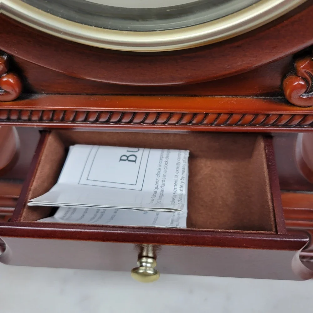 Bulova Rhapsody Mantel Clock Westminster Wood 3 Chime Battery Operated Drawer